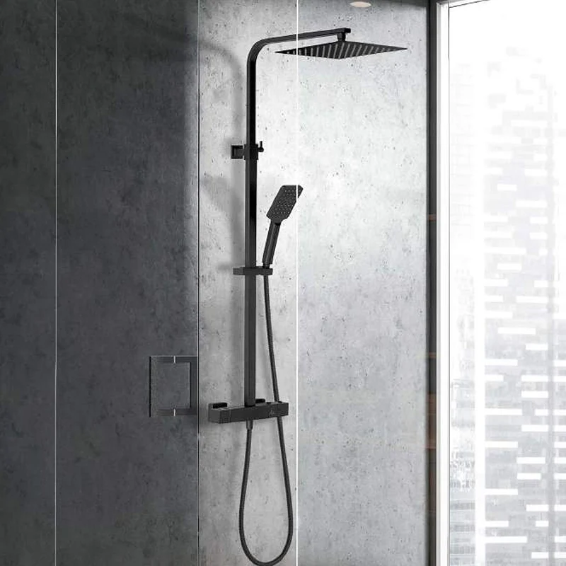 Ducha Termostática TERRA Negra | Rociador Cuadrado 25x25 cm | Barra Extensible 80-135 cm | Cartucho Vernet