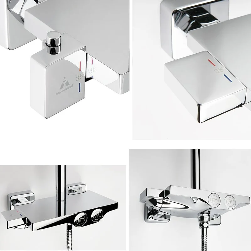 Kit Ducha Termostática ORIA Aquassent | System Touch 2 Vías | Rociador Cuadrado 25x25 cm | 71-115 cm