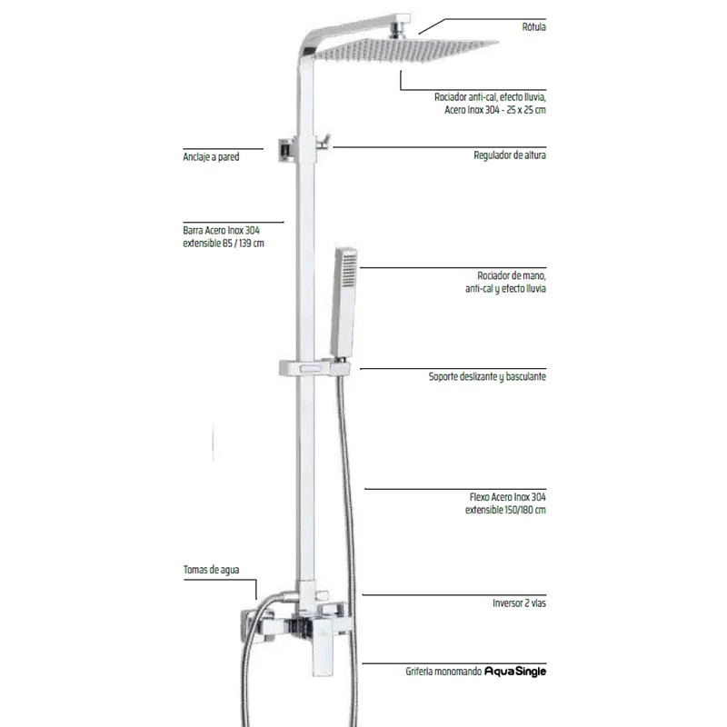 Kit Ducha SEUL Aquassent | Monomando + Rociador Cuadrado 25x25 cm | Barra Extensible 85-139 cm