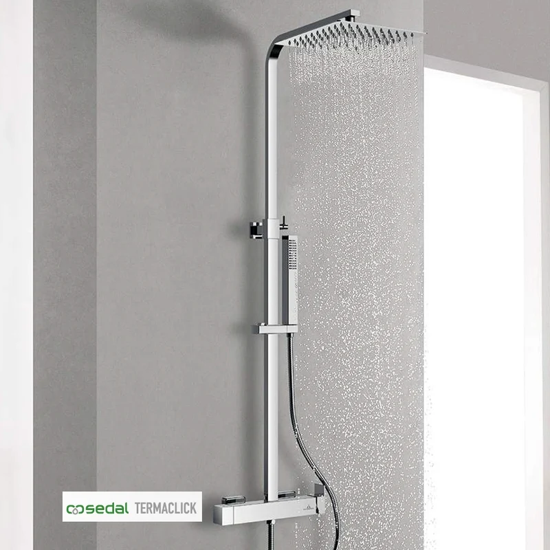 Kit Ducha GRECIA Aquassent | Monomando Termaclick 38°C | Rociador Cuadrado 25x25 cm | Barra Extensible 89-139 cm