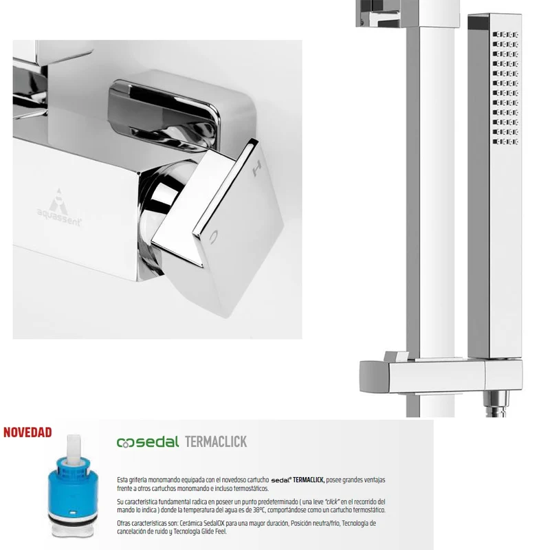 Kit Ducha GRECIA Aquassent | Monomando Termaclick 38°C | Rociador Cuadrado 25x25 cm | Barra Extensible 89-139 cm