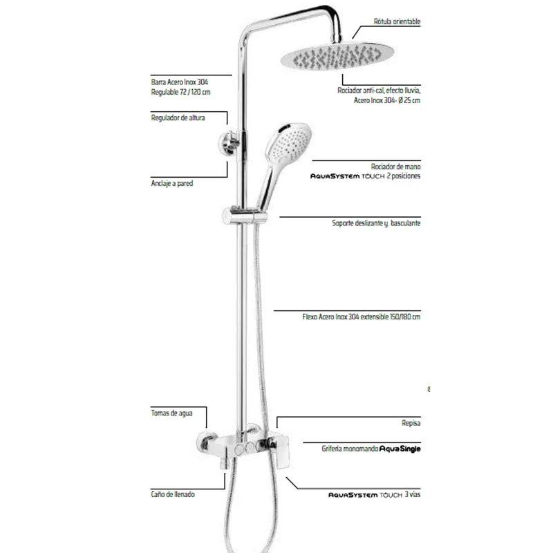 Kit Ducha DIVIRA Aquassent | System Touch 3 Vías | Rociador 25 cm + Aireador | Barra Extensible 72-120 cm