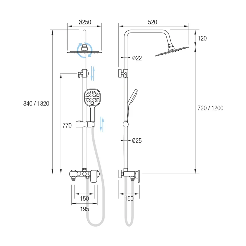 Kit Ducha DIVIRA Aquassent | System Touch 3 Vías | Rociador 25 cm + Aireador | Barra Extensible 72-120 cm