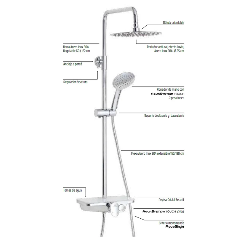 Kit Ducha INDRA Aquassent | System Touch | Rociador 25 cm | Barra Extensible 69-122 cm | Cristal Securit