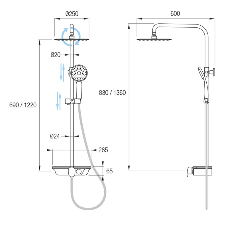 Kit Ducha INDRA Aquassent | System Touch | Rociador 25 cm | Barra Extensible 69-122 cm | Cristal Securit