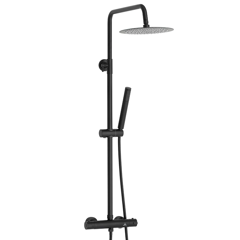 Ducha Termostática NERIS de Aquassent | Rociador Redondo 25 cm | Barra Extensible 71-118 cm | Acabado Negro Electrochapado