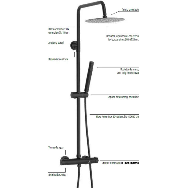 Ducha Termostática NERIS de Aquassent | Rociador Redondo 25 cm | Barra Extensible 71-118 cm | Acabado Negro Electrochapado