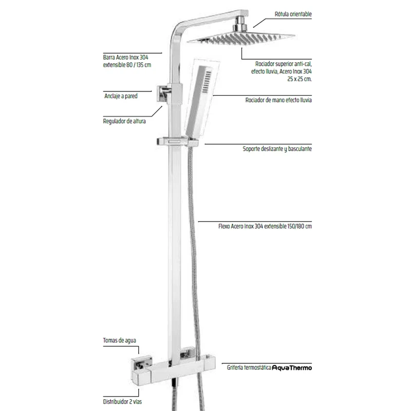 Ducha Termostática TENERIFE Aquassent | Rociador Cuadrado 25x25 cm | Barra Extensible 80-135 cm | Seguridad 38°C
