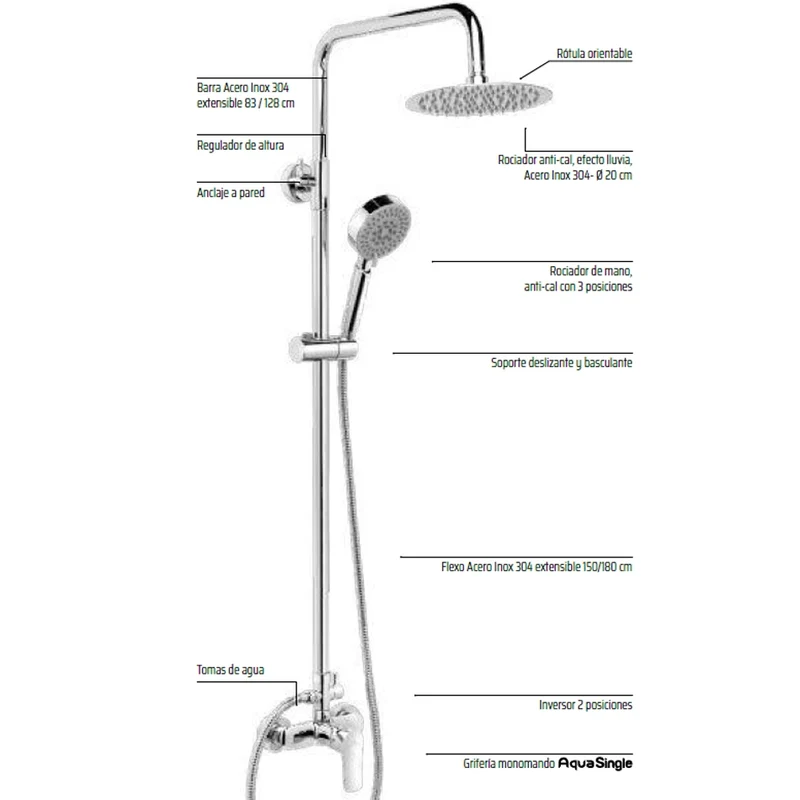 Kit Ducha Monomando SAYRO Aquassent | Barra Extensible 83-128 cm | Rociador Extraplano 20 cm | Ahorro de Agua