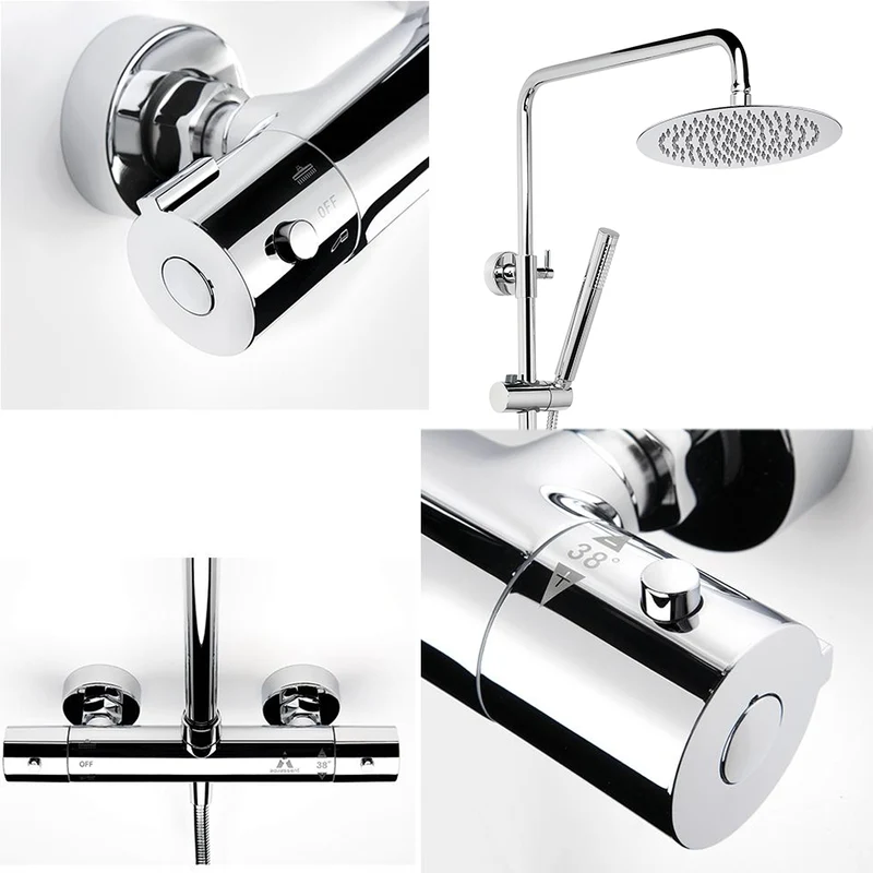 Grifería Termostática IRIS Aquassent | Ducha Barra Extensible Acero Inox 78-124 cm | Rociador Efecto Lluvia Antical 25 cm