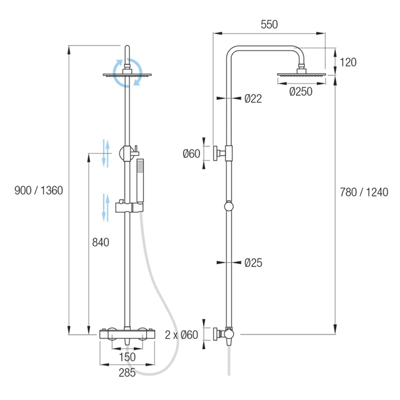 Grifería Termostática IRIS Aquassent | Ducha Barra Extensible Acero Inox 78-124 cm | Rociador Efecto Lluvia Antical 25 cm