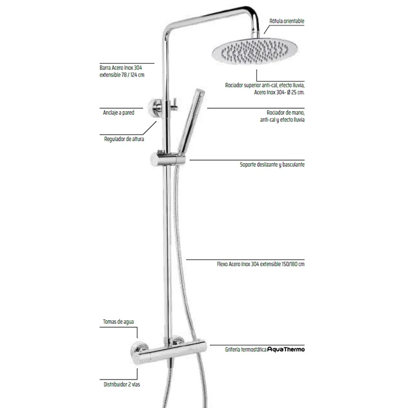 Grifería Termostática IRIS Aquassent | Ducha Barra Extensible Acero Inox 78-124 cm | Rociador Efecto Lluvia Antical 25 cm