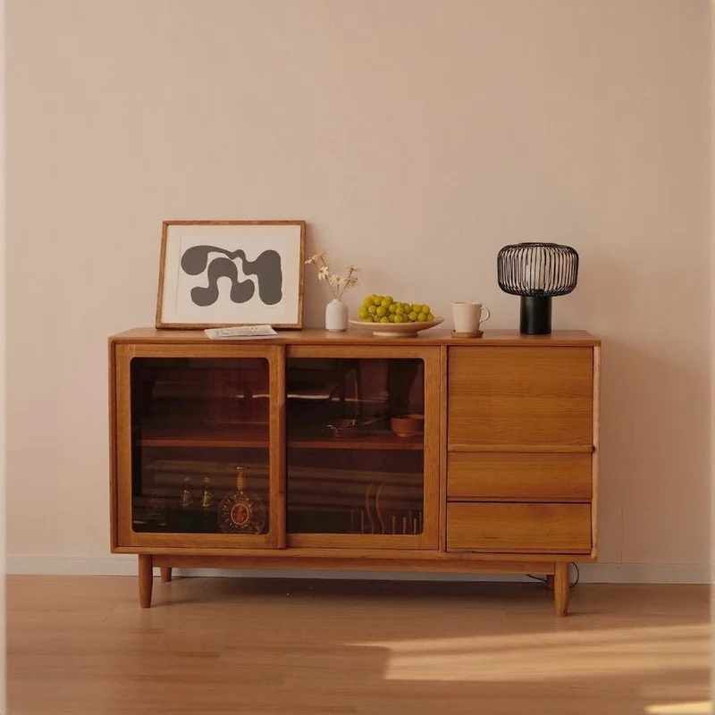 Natural Cherry Wood Kitchen Cupboard with Sliding Door