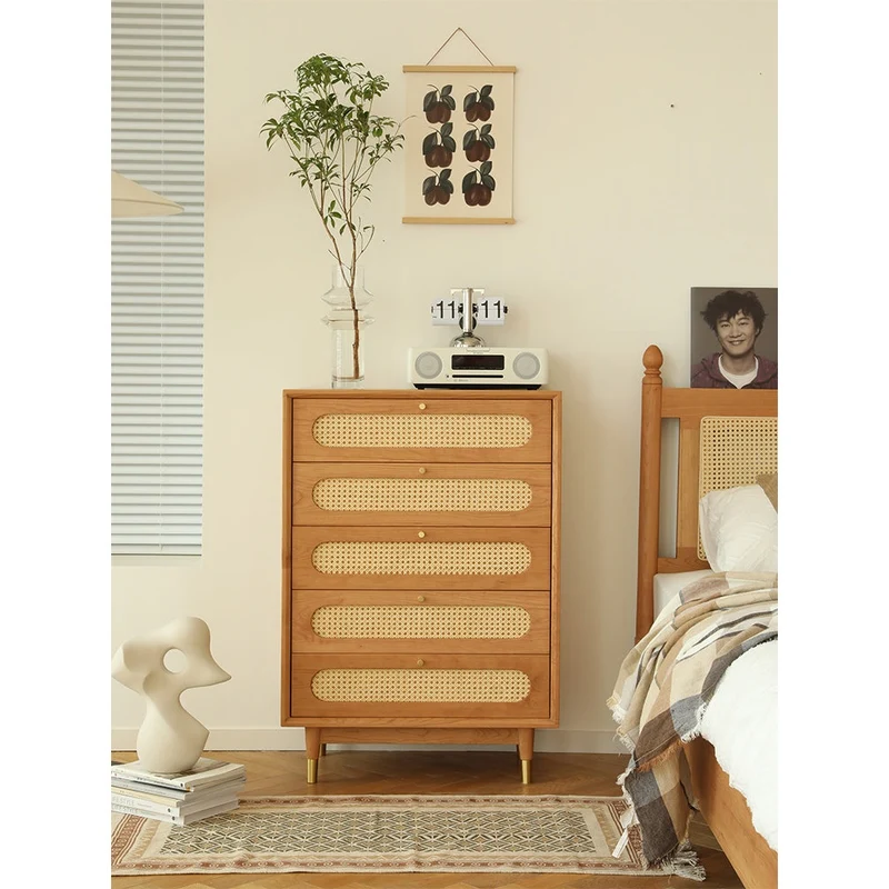 Solid Cherry Wood Storage Dresser with Rattan Drawers