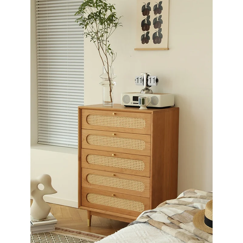 Solid Cherry Wood Storage Dresser with Rattan Drawers