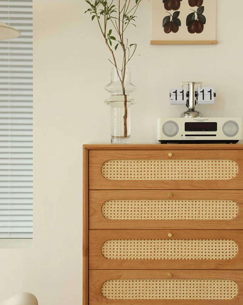 Solid Cherry Wood Storage Dresser with Rattan Drawers