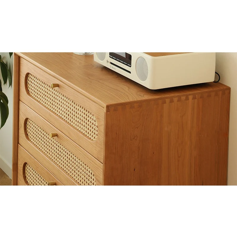 Solid Cherry Wood Storage Dresser with Rattan Drawers