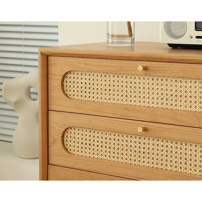 Solid Cherry Wood Storage Dresser with Rattan Drawers