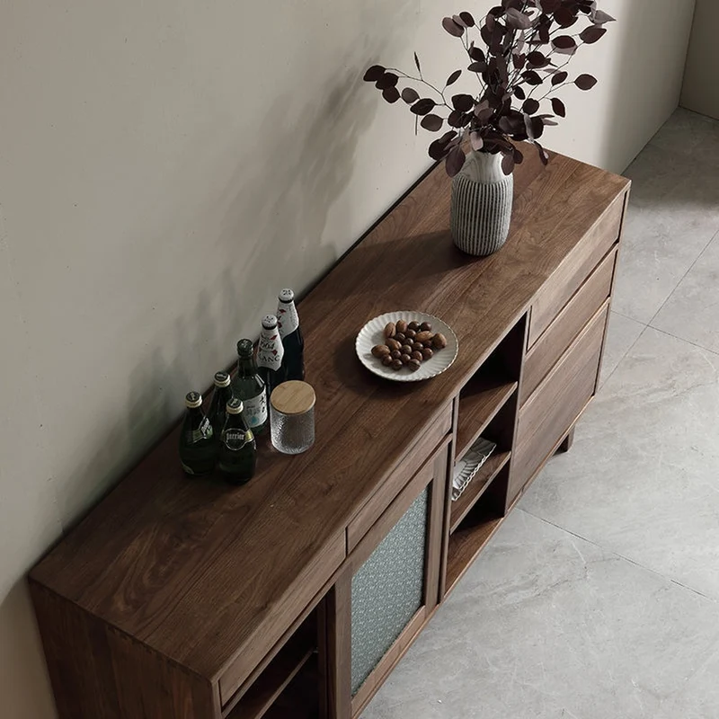 Classic Elegance Snow Glass Solid Walnut Wood Sideboard