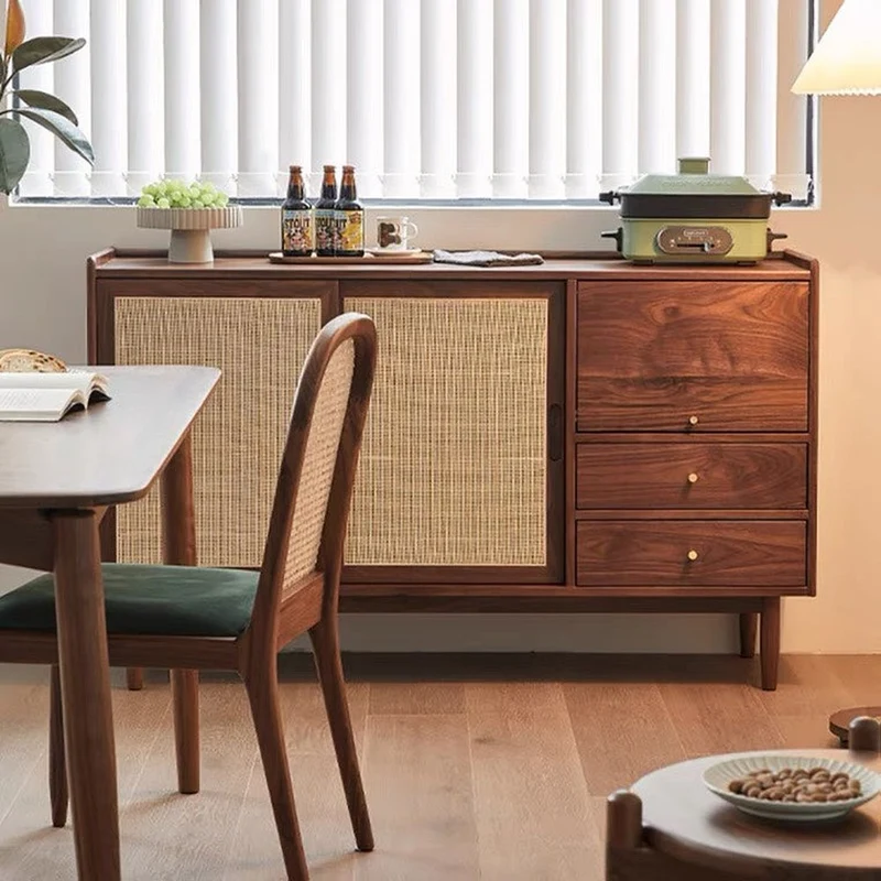 Sierra Solid Walnut Wood Rattan Door Design Buffet Sideboard