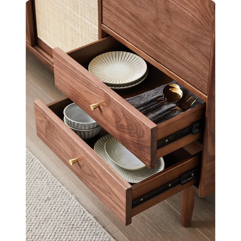 Sierra Solid Walnut Wood Rattan Door Design Buffet Sideboard
