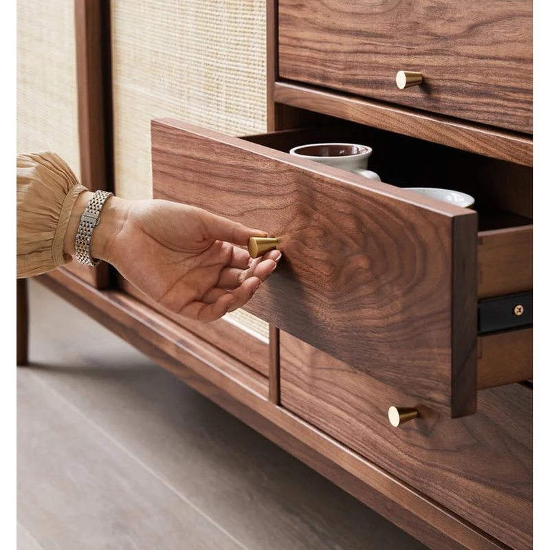Sierra Solid Walnut Wood Rattan Door Design Buffet Sideboard