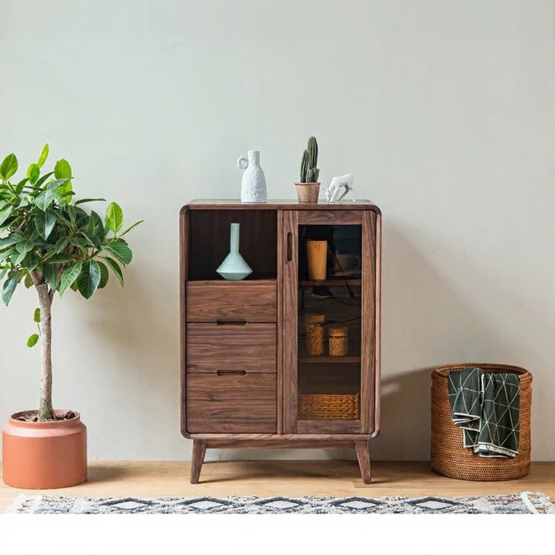 Sculpted Black Walnut Wood Kitchen Pantry Cabinet