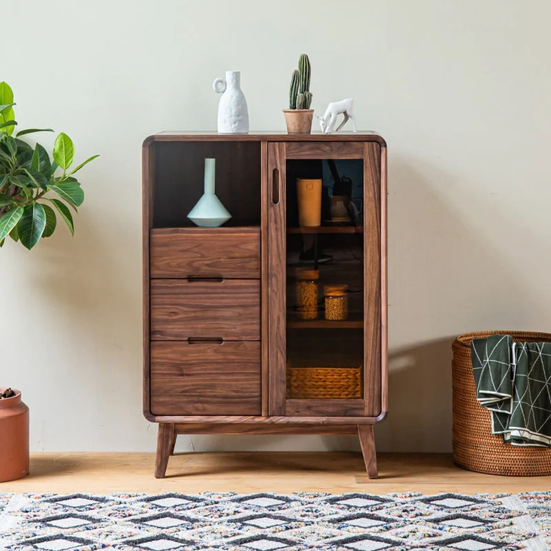Sculpted Black Walnut Wood Kitchen Pantry Cabinet