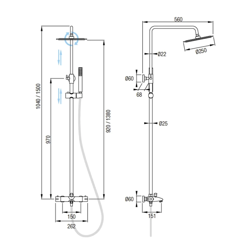 Sistema Ducha Termostática BALI Aquassent | Barra Regulable 92-138cm | Cromo Brillante