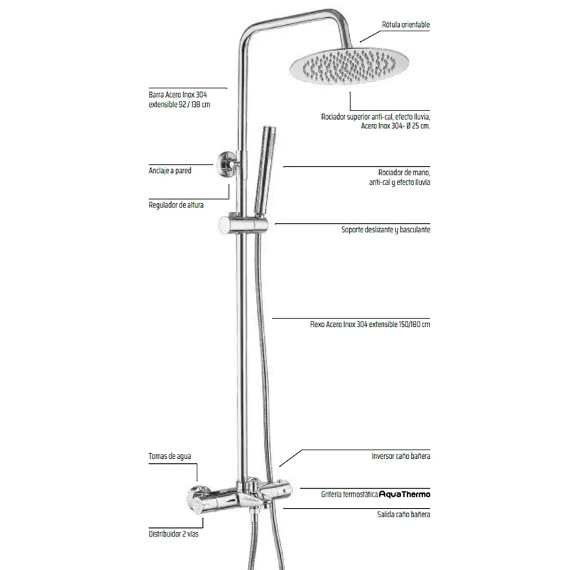 Sistema Ducha Termostática BALI Aquassent | Barra Regulable 92-138cm | Cromo Brillante