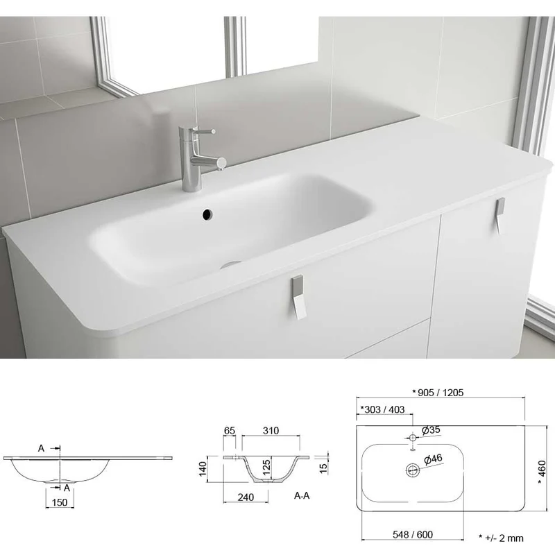 Lavabo UNIIQ 90/120 cm | Solid Surface Blanco | Toallero Opcional | Lavabo Izquierda/Derecha