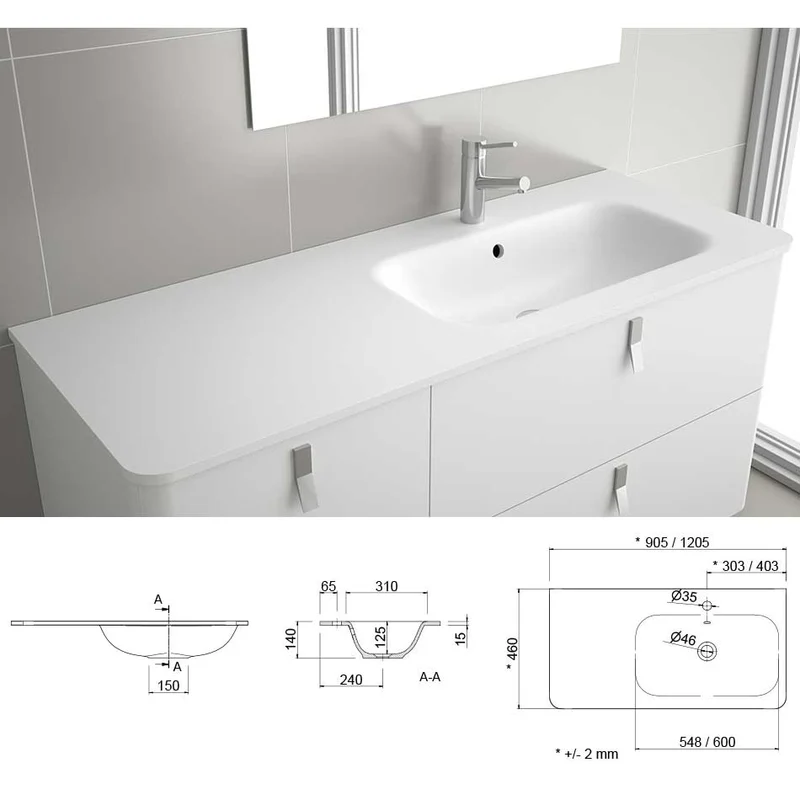 Lavabo UNIIQ 90/120 cm | Solid Surface Blanco | Toallero Opcional | Lavabo Izquierda/Derecha