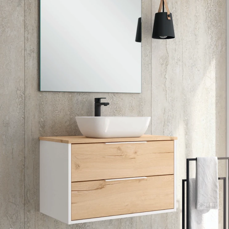Mueble de Baño Duox Neutrum, 2 Cajones Suspendido con Encimera, 80 cm | Opción de Lavabo