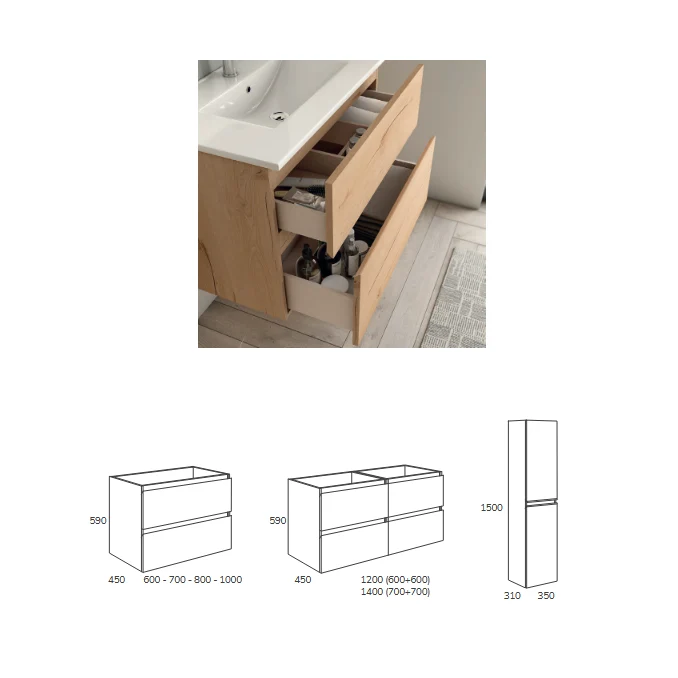 Conjunto LONDRES de Neutrum | Mueble de Baño de 2 Cajones + Lavabo Integral | 60 - 120 cm