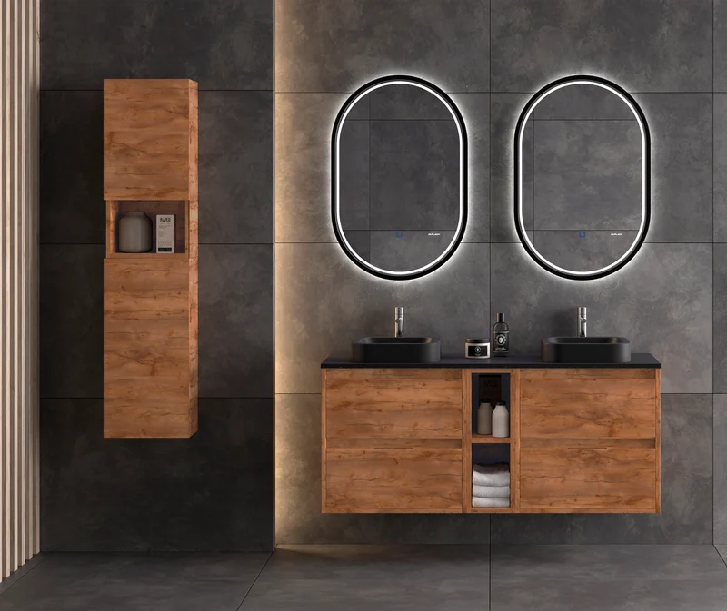 Conjunto Doble ETNA Rustik de Neutrum, 140 cm | 2 Muebles + Encimera Negra | Lavabos KUVIC Negro