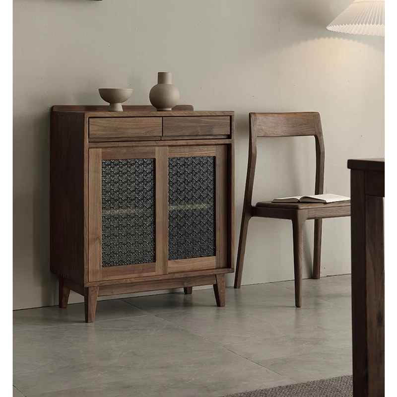 European Style Snow Glass Walnut Wood Cabinet