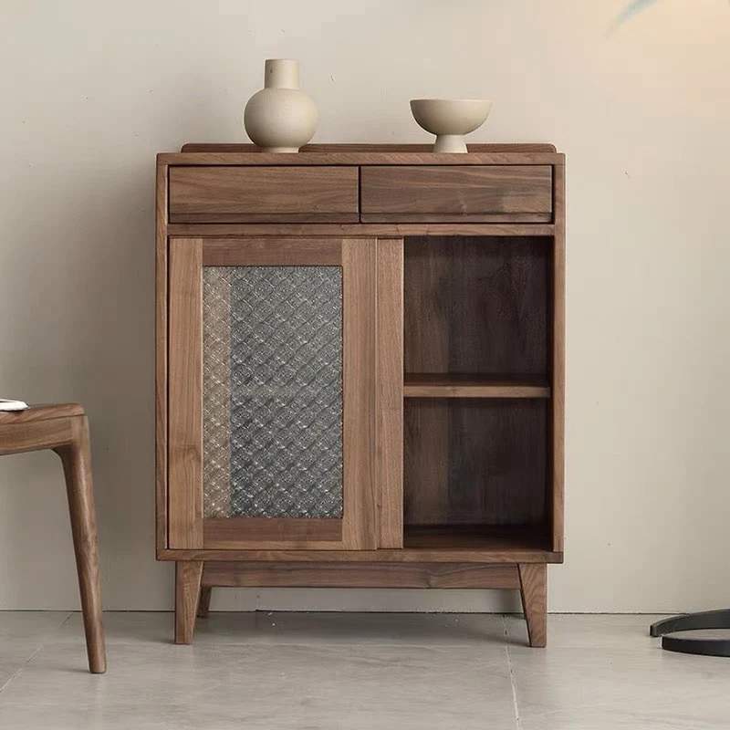 European Style Snow Glass Walnut Wood Cabinet