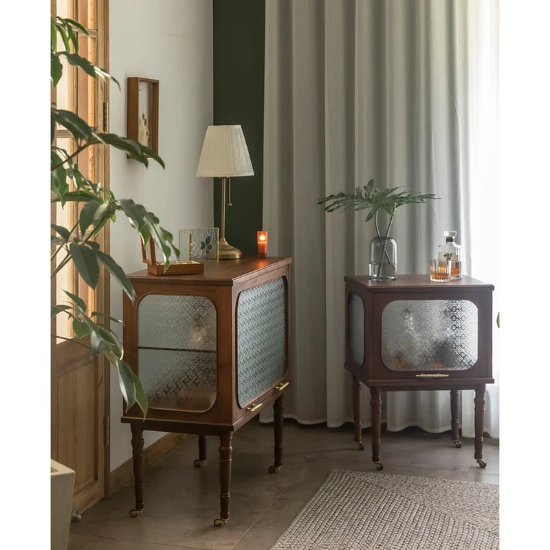 French Vintage Display Walnut Wood Side Table with Snow Glass