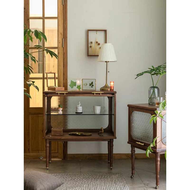 French Vintage Display Walnut Wood Side Table with Snow Glass