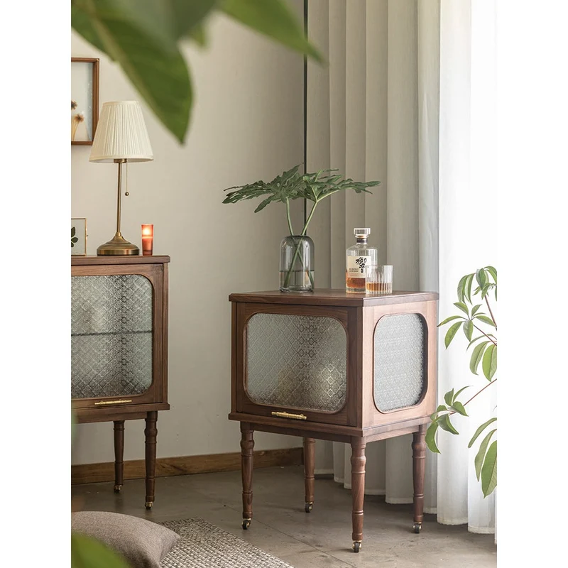 French Vintage Display Walnut Wood Side Table with Snow Glass