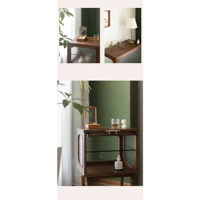 French Vintage Display Walnut Wood Side Table with Snow Glass