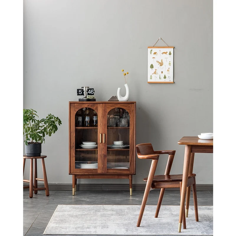 Whimsical Walnut Wood Two Arch Glass Door Design Cabinet