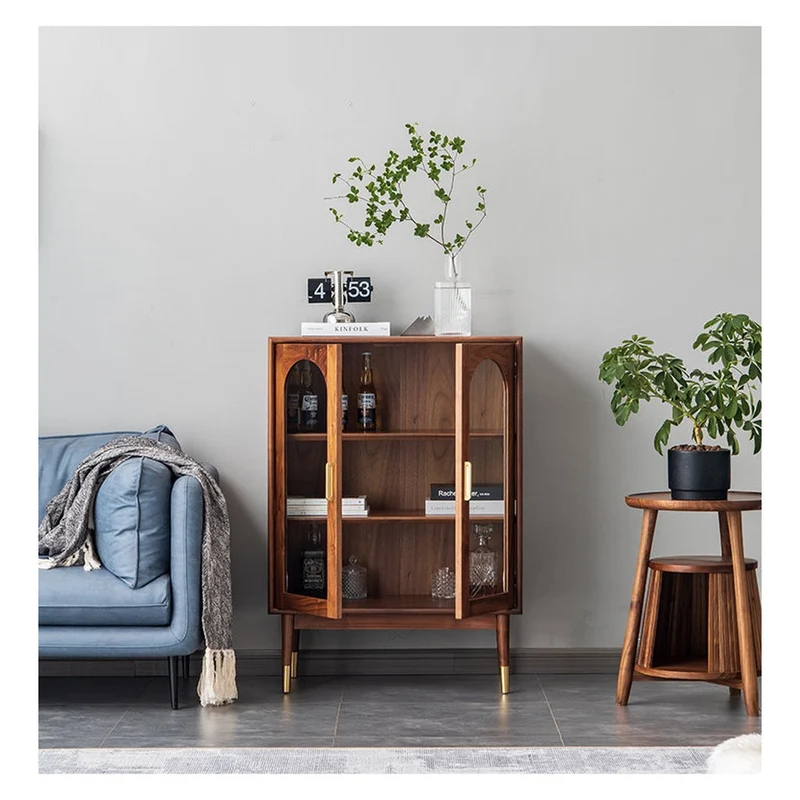 Whimsical Walnut Wood Two Arch Glass Door Design Cabinet