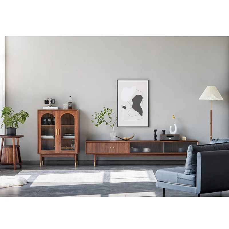 Whimsical Walnut Wood Two Arch Glass Door Design Cabinet