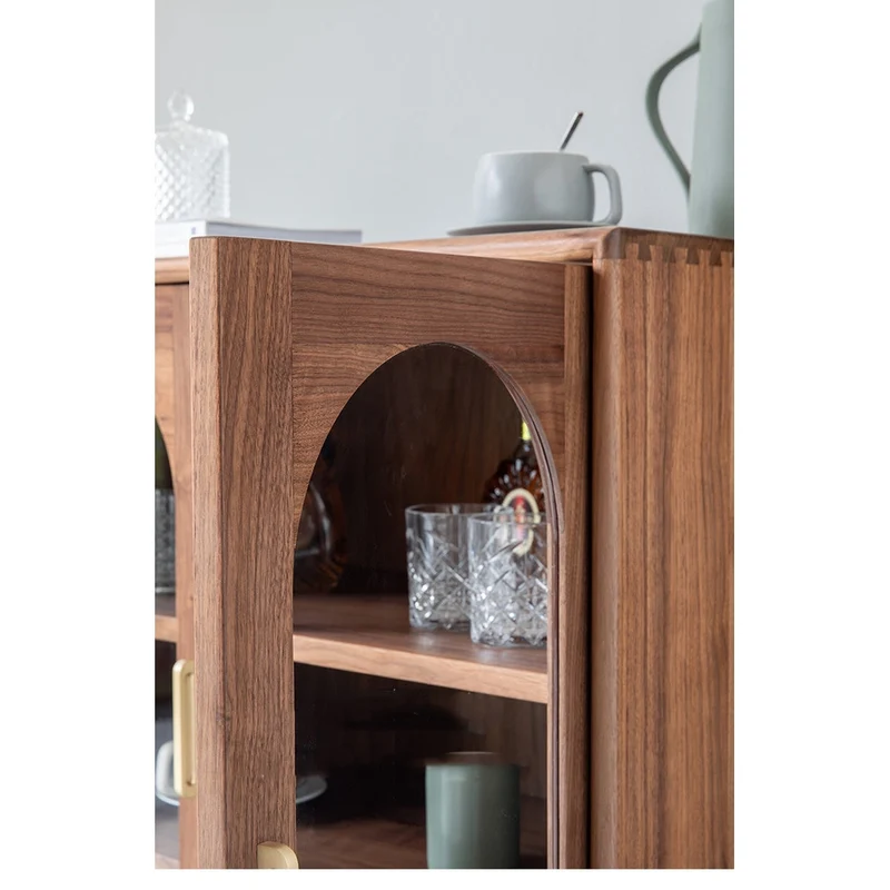 Whimsical Walnut Wood Two Arch Glass Door Design Cabinet