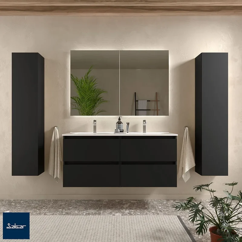 Mueble de Baño Suspendido con Doble Lavabo y 4 Cajones Salgar Bequia 121 cm Negro Mate