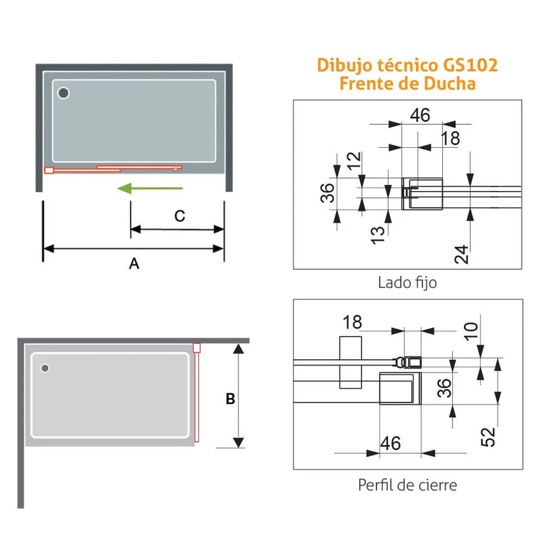 Mampara GLASÉ GS102 de Kassandra | Frontal fijo + Corredera con Opción de Lateral Fijo GS103