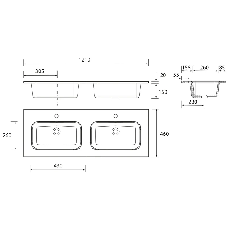 Lavabo Doble Poza CONSTANZA 121 cm. Blanco Brillo