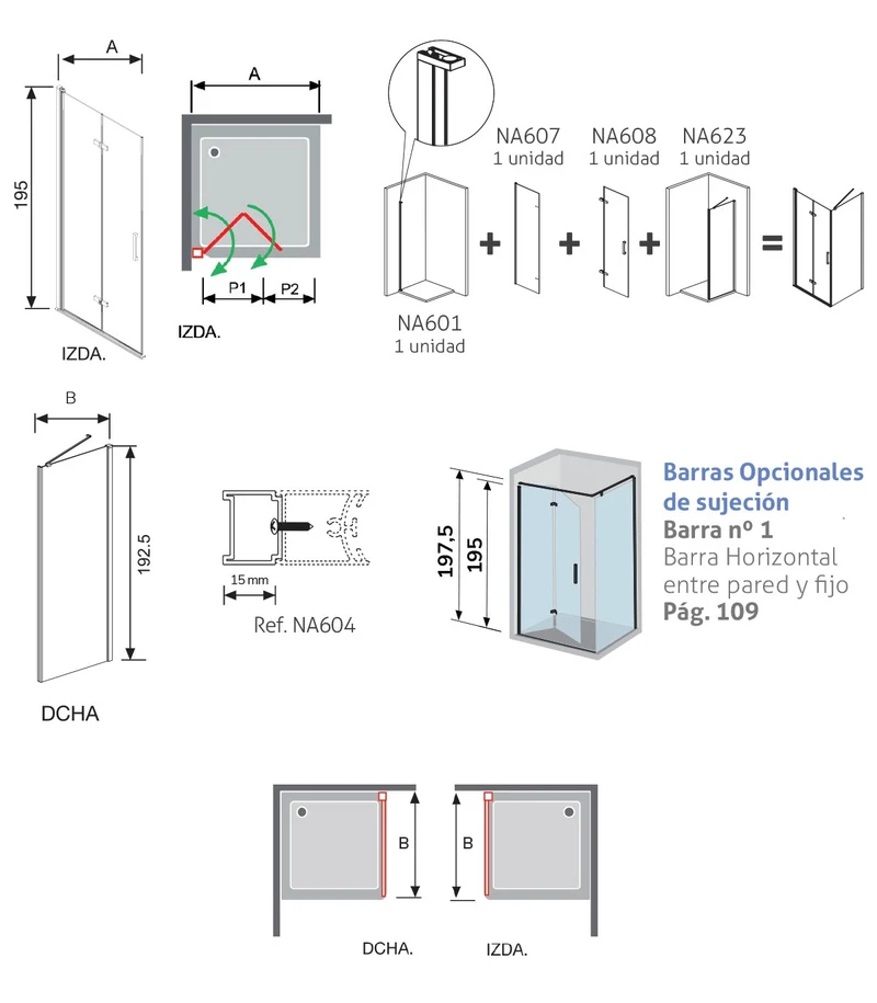 Mampara Angular Plegable Nardi NA307, Frente de Ducha Plegable + Lateral. Ideal Baños Pequeños.