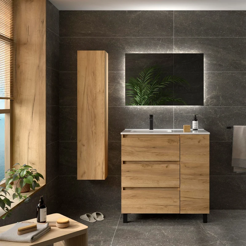Mueble de baño BEQUIA PLUS de Salgar | 3 Cajones y 1 Puerta con Lavabo Desplazado, 90 cm.